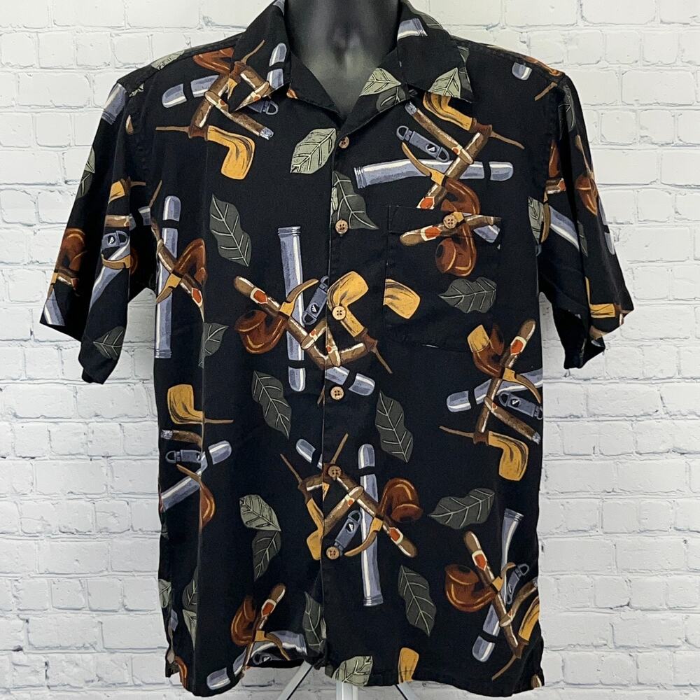 Paradise Coves Cigars Silk Hawaiian Camp Shirt Mens M Medium Black Button Front
